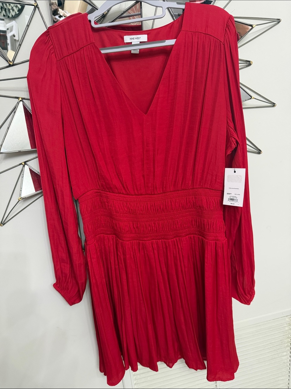 Nine West Bright Red V-Neck Long Sleeve Dress